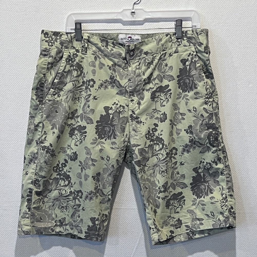 Ditch Plains Ricky Singh Mens 34‎ Floral Chino Shorts Olive Green Cotton Stretch